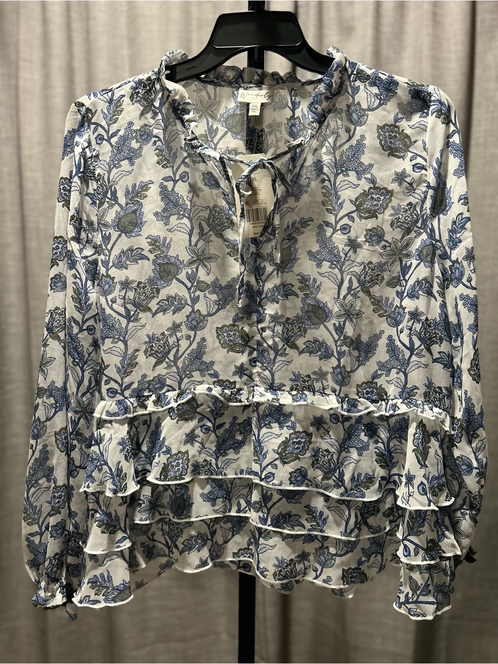 Wonderly Blue Floral Ruffle Tie-Front Blouse